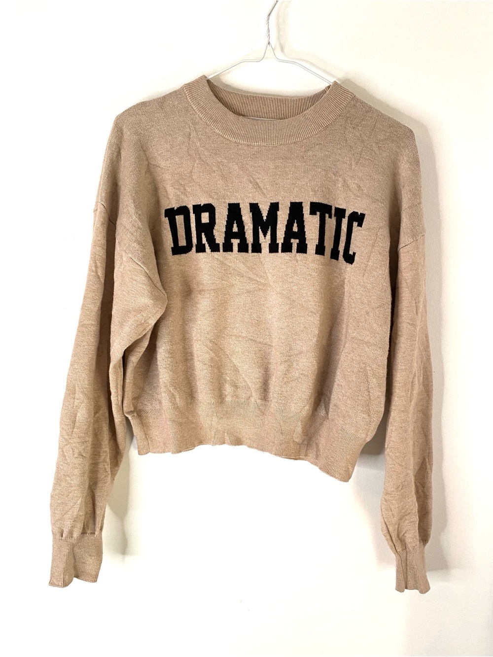 Charlotte Russe Dramatic Beige Black Varsity Graphic Knit Sweater Preppy